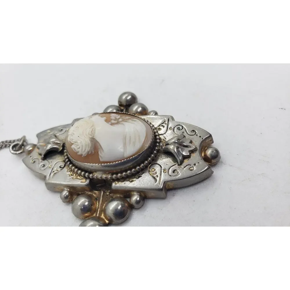Vintage Cameo Pendant Necklace Silver Tone Ornate Art Deco Intaglio Large